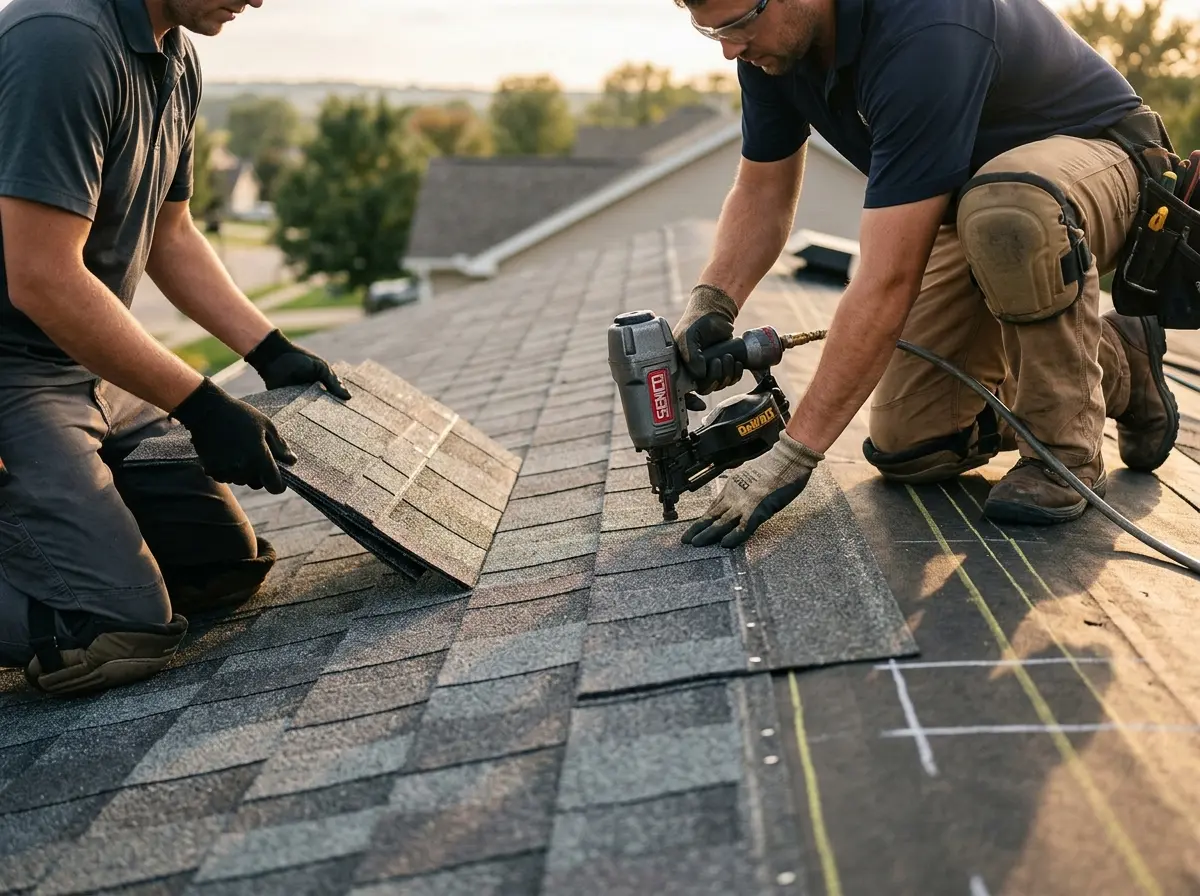 Professional roofer working on a residential roof in Gonzalez